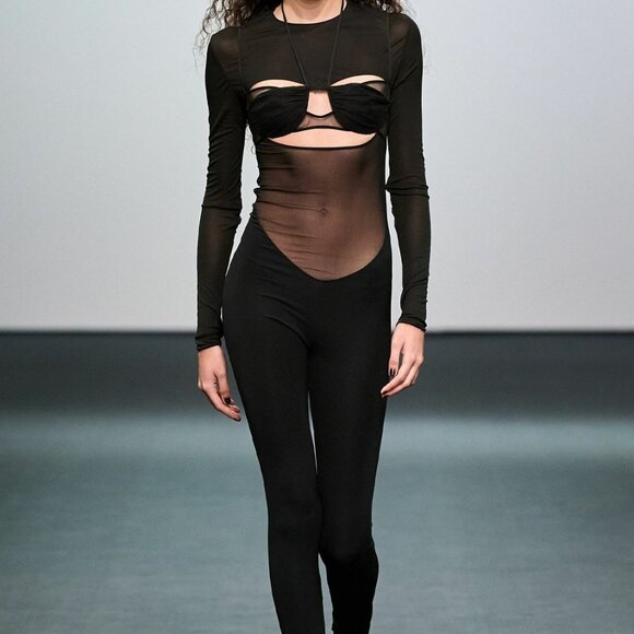 New Nensi Dojaka Draped Double Bra Fitted Jumpsuit in Black cutout sheer